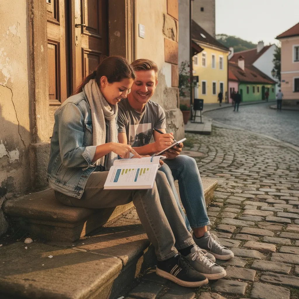 Žena čtoucí knihu o správě financí s poznámkami na papíře.