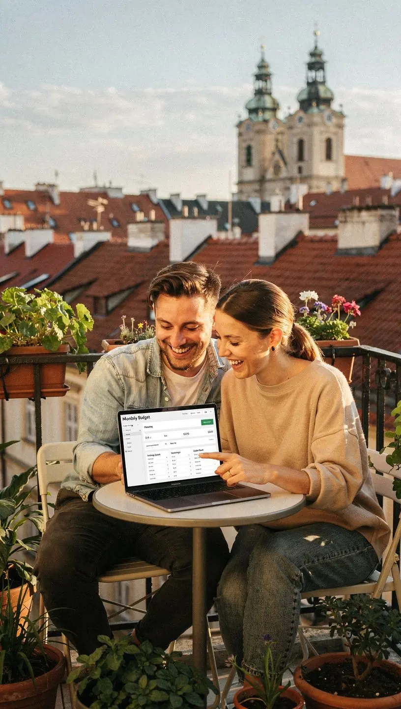 Rodina diskutující o nákupech v obchodě s seznamem v ruce.